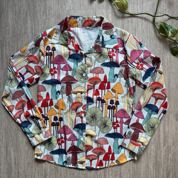Art to Wear Tops - Retro Mushroom Shroom Button Up Shirt Womens S Collared Long Sleeve Art To Wear